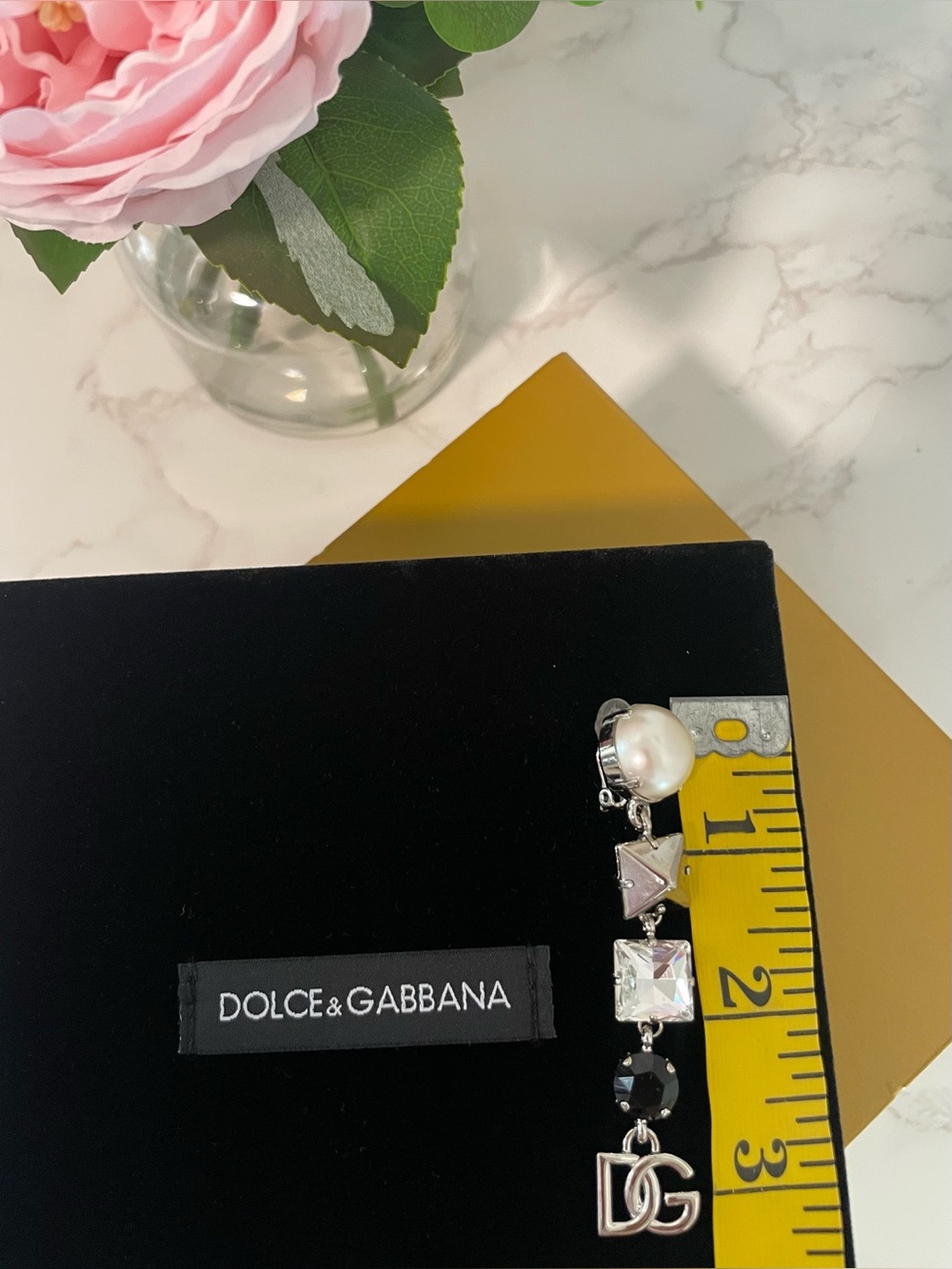 Dolce & Gabbana Palladium Geometric Drop Earrings • Pearl & Crystal • DG Logo - Picture 4 of 6